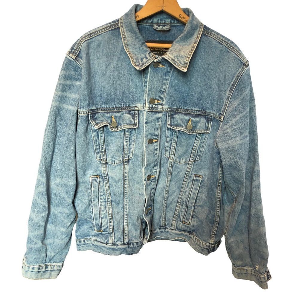 Eddie Bauer Blue Denim Jacket faded M metal buttons 4 pockets